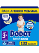 Dodot Bebé Seco Talla 3+ (7-11 kg) – Pack Ahorro Mensual 132 Pañales – Extra Absorción, Barrera Stop Fugas,