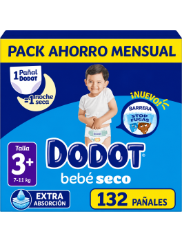 Dodot Bebé Seco Talla 3+ (7-11 kg) – Pack Ahorro Mensual 132 Pañales – Extra Absorción, Barrera Stop Fugas,