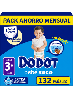 Dodot Bebé Seco Talla 3+ (7-11 kg) – Pack Ahorro Mensual 132 Pañales – Extra Absorción, Barrera Stop Fugas,