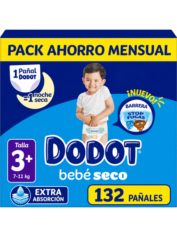 Dodot Bebé Seco Talla 3+ (7-11 kg) – Pack Ahorro Mensual 132 Pañales – Extra Absorción, Barrera Stop Fugas,
