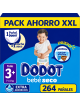 Dodot Bebé Seco Talla 3+ (7-11 kg) – Pack Ahorro XXL 264 Pañales – Extra Absorción, Barrera Stop Fugas,