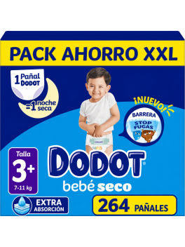 Dodot Bebé Seco Talla 3+ (7-11 kg) – Pack Ahorro XXL 264 Pañales – Extra Absorción, Barrera Stop Fugas,