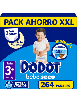 Dodot Bebé Seco Talla 3+ (7-11 kg) – Pack Ahorro XXL 264 Pañales – Extra Absorción, Barrera Stop Fugas,