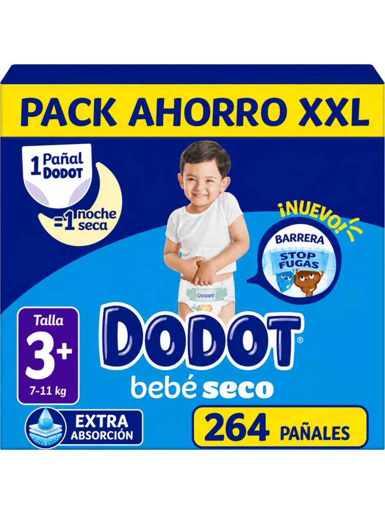 Dodot Bebé Seco Talla 3+ (7-11 kg) – Pack Ahorro XXL 264 Pañales – Extra Absorción, Barrera Stop Fugas,
