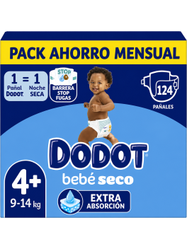 Dodot Bebé Seco Talla 4+ 9-14 kg, Pack Ahorro Mensual 124 Pañales, Extra Absorción, Barrera Stop Fugas y Protección Nocturna