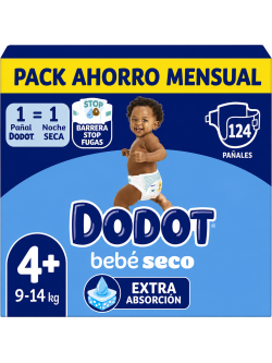 Dodot Bebé Seco Talla 4+ 9-14 kg, Pack Ahorro Mensual 124 Pañales, Extra Absorción, Barrera Stop Fugas y Protección Nocturna