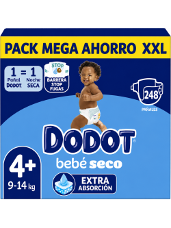 Dodot Bebé Seco Talla 4+ 9-14 kg, Pack Mega Ahorro XXL 248 Pañales, Extra Absorción, Barrera Stop Fugas y Protección Nocturna