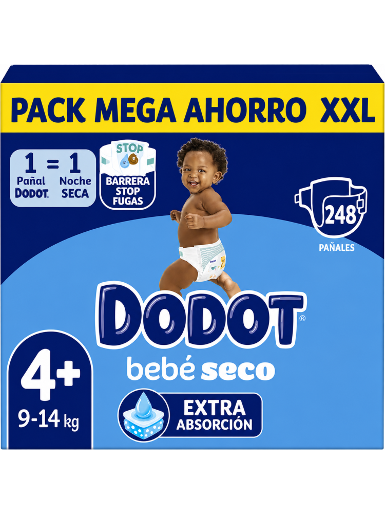 Dodot Bebé Seco Talla 4+ 9-14 kg, Pack Mega Ahorro XXL 248 Pañales, Extra Absorción, Barrera Stop Fugas y Protección Nocturna