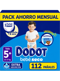 Dodot Bebé Seco Talla 5+ 12-17 kg, Pack Ahorro Mensual 112 Pañales, Extra Absorción, Barrera Stop Fugas, Noche Seca