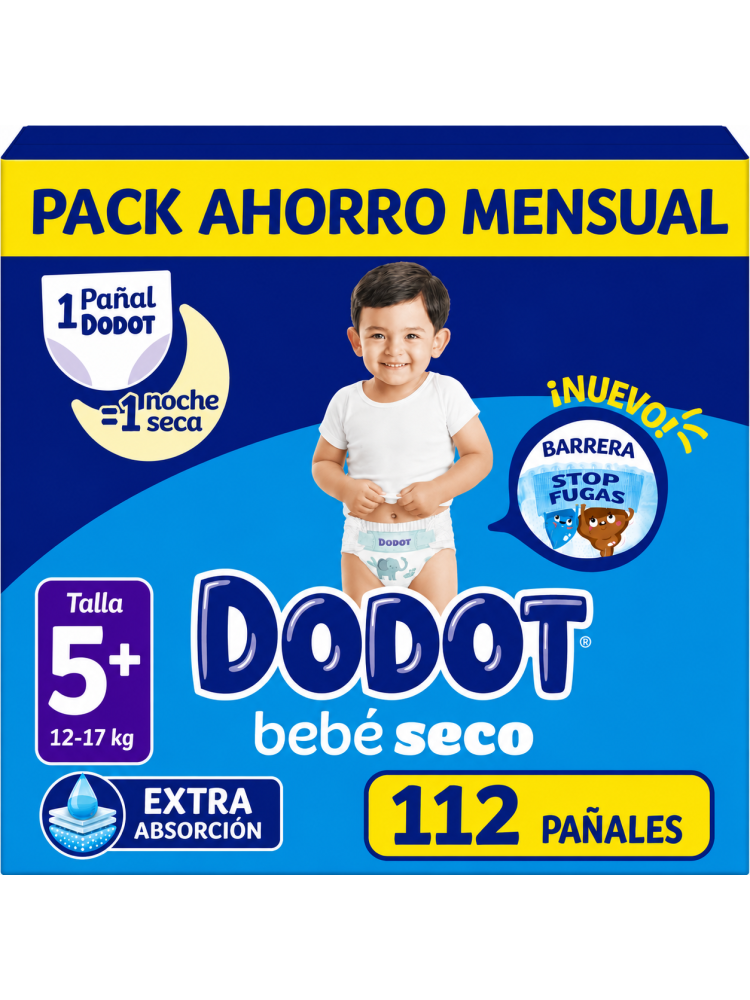 Dodot Bebé Seco Talla 5+ 12-17 kg, Pack Ahorro Mensual 112 Pañales, Extra Absorción, Barrera Stop Fugas, Noche Seca