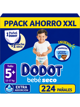 Dodot Bebé Seco Talla 5+ 12-17 kg, Pack Ahorro XXL 228 Pañales, Extra Absorción, Barrera Stop Fugas, Noche Seca