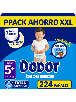 Dodot Bebé Seco Talla 5+ 12-17 kg, Pack Ahorro XXL 228 Pañales, Extra Absorción, Barrera Stop Fugas, Noche Seca