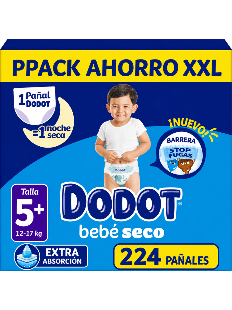 Dodot Bebé Seco Talla 5+ 12-17 kg, Pack Ahorro XXL 228 Pañales, Extra Absorción, Barrera Stop Fugas, Noche Seca