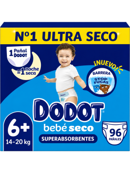 Dodot Bebé Seco Talla 6+ 14-20 kg, 96 Pañales, Ultra Seco, Barrera Stop Fugas, Protección Nocturna y Ajuste Cómodo