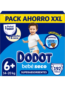 Dodot Bebé Seco Talla 6+ 14-20 kg, Pack Ahorro XXL 192 Pañales, Superabsorbentes, Barrera Stop Fugas y Noche Seca