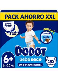 Dodot Bebé Seco Talla 6+ 14-20 kg, Pack Ahorro XXL 192 Pañales, Superabsorbentes, Barrera Stop Fugas y Noche Seca
