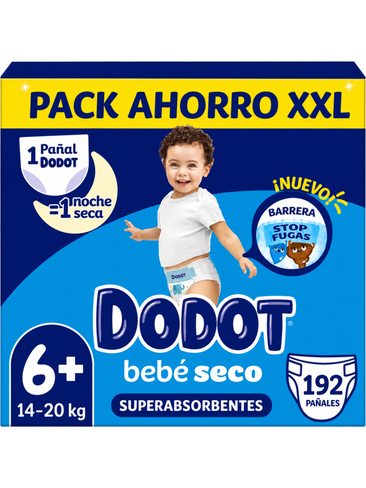 Dodot Bebé Seco Talla 6+ 14-20 kg, Pack Ahorro XXL 192 Pañales, Superabsorbentes, Barrera Stop Fugas y Noche Seca