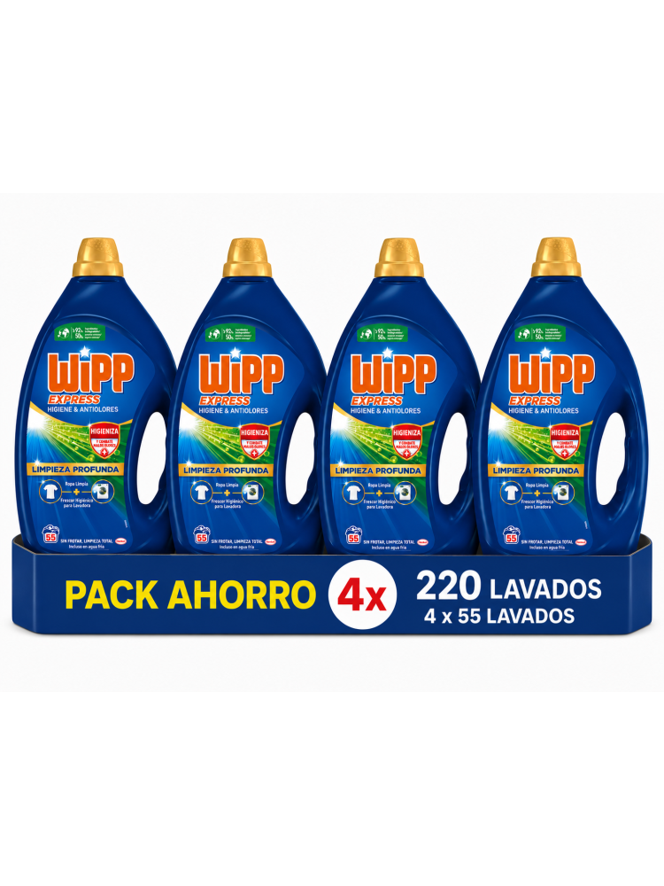Wipp Express Higiene y Antiolores Detergente Líquido, Pack 4 x 55 Lavados, 220 Lavados, Limpieza Profunda y Agua Fría