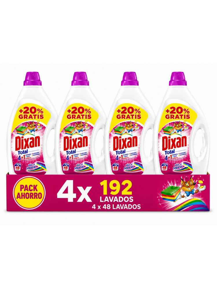 Dixan Total 4+1 Detergente Líquido, Pack Ahorro 4 x 48 Lavados, 192 Lavados, Limpieza, Frescor, Luminosidad y Ahorro para Ropa