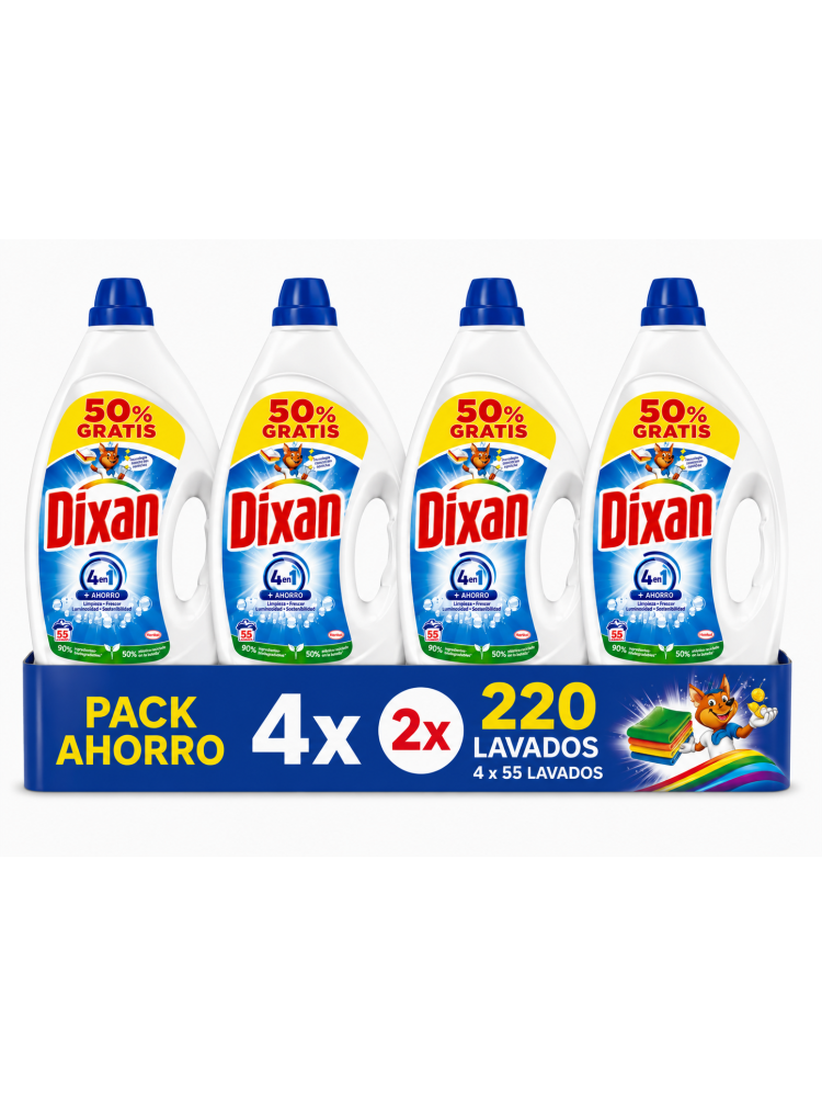 Dixan 4 en 1 Detergente Líquido, Pack Ahorro 4 x 55 Lavados, 220 Lavados, Limpieza, Frescor, Luminosidad y Sostenibilidad
