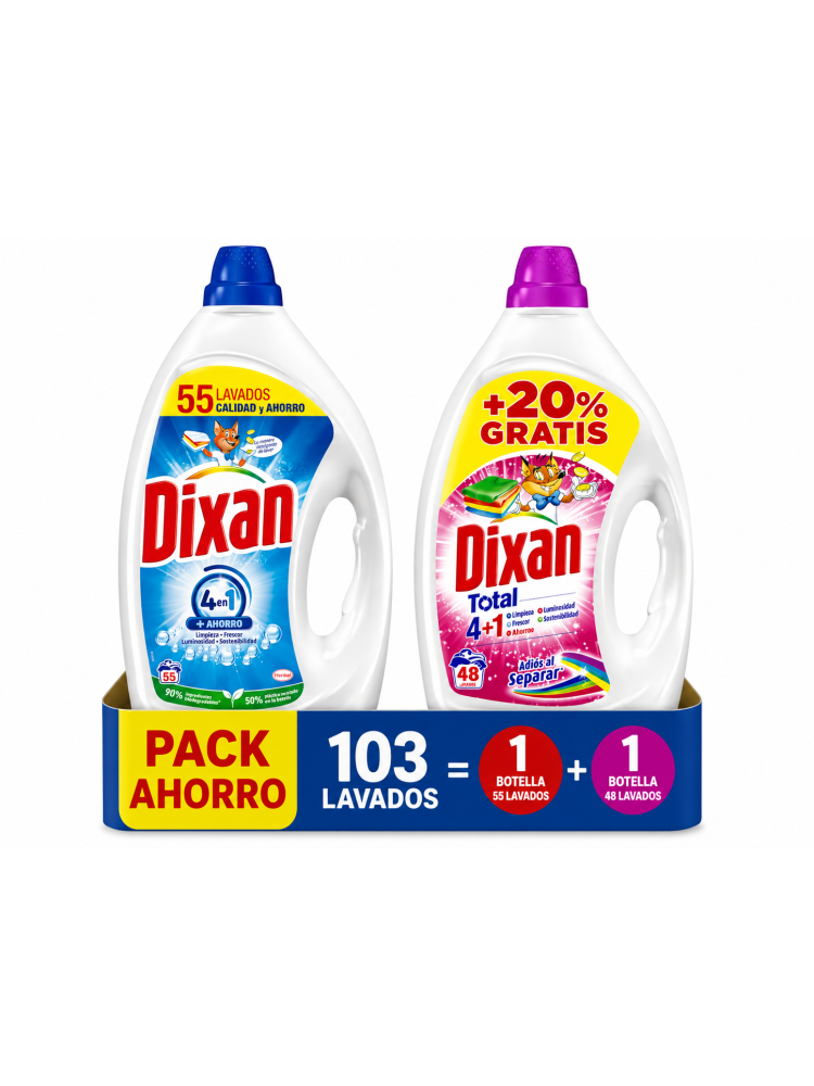 Pack Dixan 4 en 1 + Dixan Total 4+1 Detergente Líquido, 103 Lavados, Limpieza, Frescor, Luminosidad y Ahorro