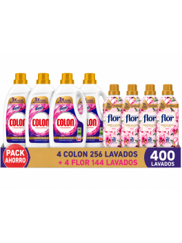 Colon Advanced + Flor Rosa Pack Mega Ahorro, 4 Detergentes de 64 Lavados + 4 Perfumadores de 36 Lavados, 400 Usos Combinados