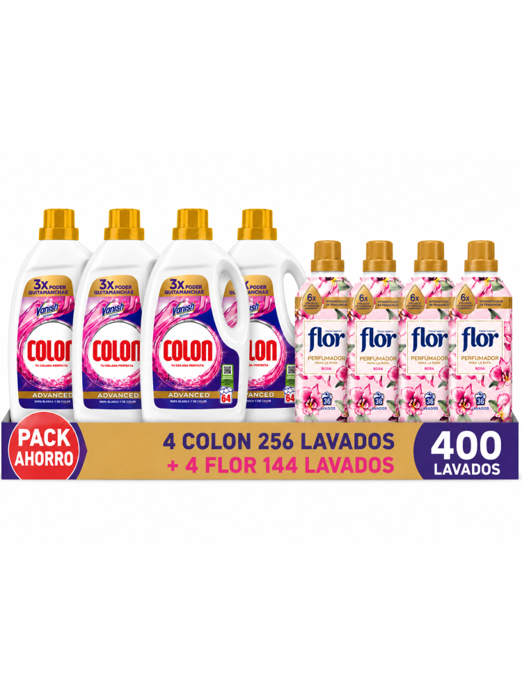 Colon Advanced + Flor Rosa Pack Mega Ahorro, 4 Detergentes de 64 Lavados + 4 Perfumadores de 36 Lavados, 400 Usos Combinados