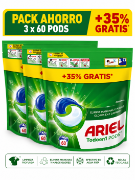 Ariel Todo en 1 PODS Original ( 3x60 )  Cápsulas Lavadora. Elimina Manchas y Olores, Rápida en Frío