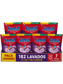 Somat All in 1 Extra Tabs – Pack Ahorro 182 Lavados (7 x 26 Pastillas) | Pastillas Lavavajillas | Limpieza, Brillo y Antiolor