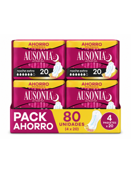 Ausonia Ultrafina Noche Extra Pack Ahorro 80 Unidades (4 x 20) | Compresas con Alas para Noche | Barreras Antifugas