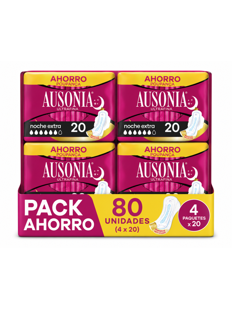 Ausonia Ultrafina Noche Extra Pack Ahorro 80 Unidades (4 x 20) | Compresas con Alas para Noche | Barreras Antifugas