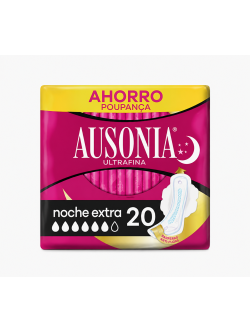 Ausonia Ultrafina Noche Extra 20 Compresas | Alas Antifugas | Alta Absorción para Flujo Abundante | Protección Nocturna |
