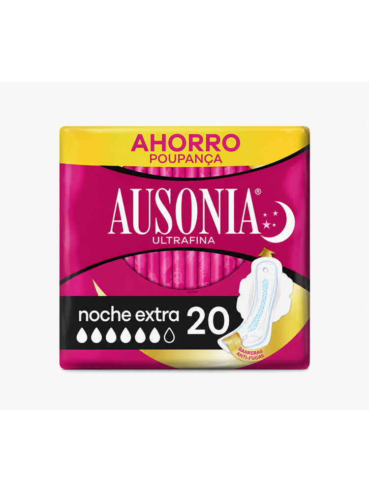 Ausonia Ultrafina Noche Extra 20 Compresas | Alas Antifugas | Alta Absorción para Flujo Abundante | Protección Nocturna |