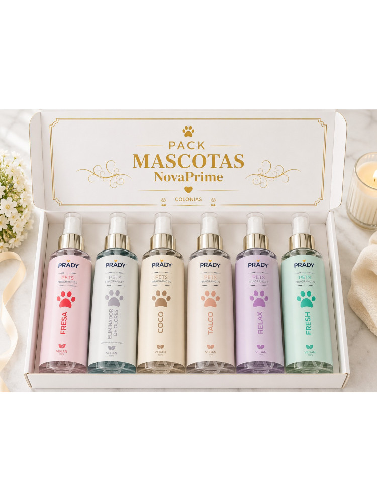 Pack Colonias Mascotas Prady | 6 Fragancias | Para Perros y Gatos | Fresa, Coco, Talco, Relax, Fresh y Eliminador de Olores |