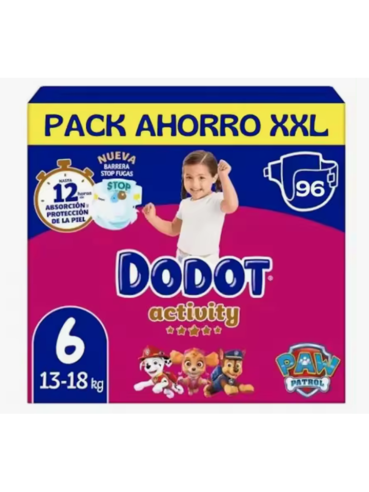 96 Pañales Dodot Talla 6 (14-19kg)  Pañales activity con barrera STOP fugas