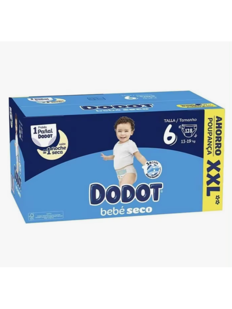 128 unidades-Pañales Dodot Bebé Seco Talla 6