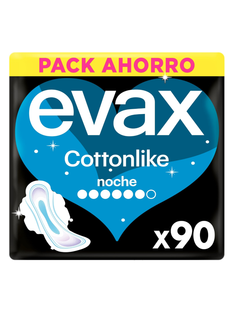 Evax Cottonlike Noche Extra, 90 Compresas con Alas, Hasta 100% Noches Limpias, Más ancha y más larga pero igual de fina