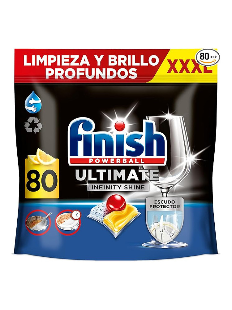 Finish Powerball Ultimate Infinity Shine pastillas lavavajillas quitagrasas protección cristal aroma limón 80 Pastillas