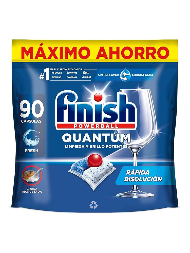 Finish Powerball Quantum All in 1 Pastillas para el lavavajillas todo en 1, limpieza profunda y brillo superior, 90 pastillas
