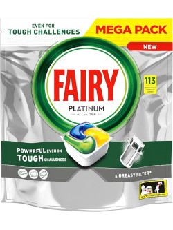 Fairy Platinum Limón - Cápsulas todo en uno, 113 pastillas para la suciedad difícil, limpian incluso los filtros grasos
