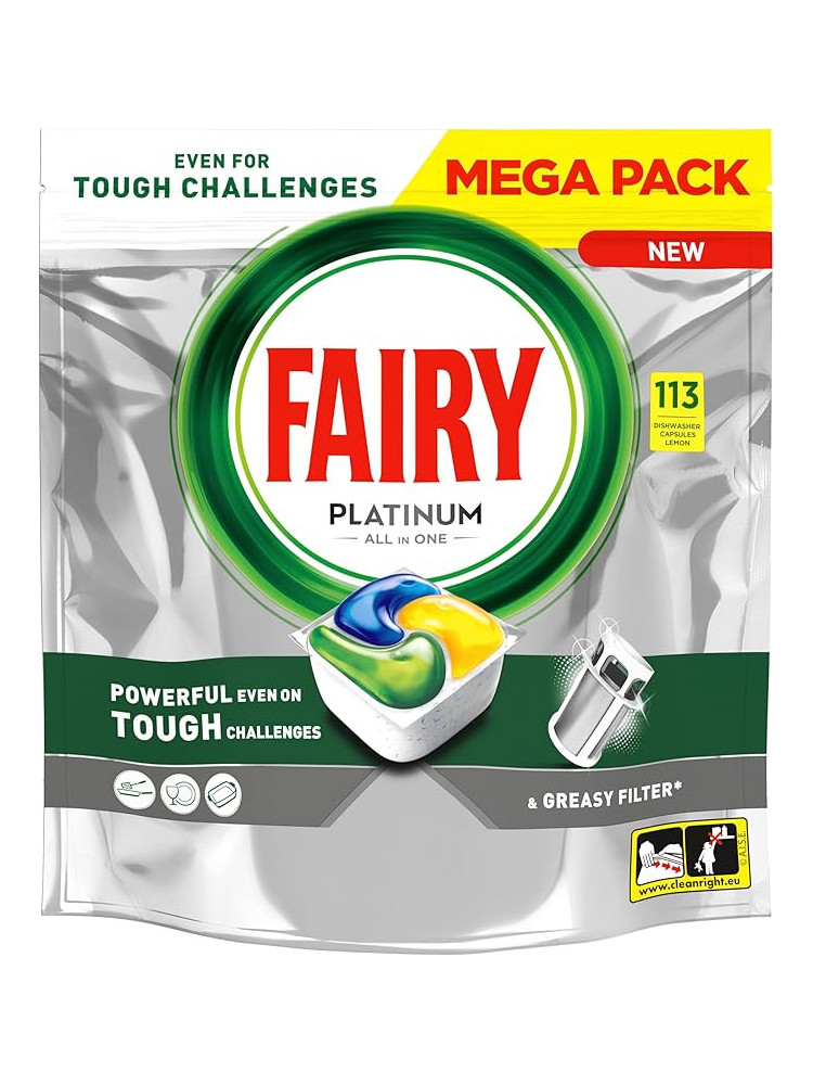 Fairy Platinum Limón - Cápsulas todo en uno, 113 pastillas para la suciedad difícil, limpian incluso los filtros grasos