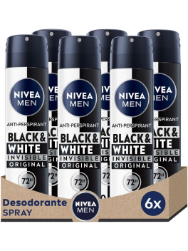 NIVEA MEN Black & White Invisible Original Spray 72h (6 x 200 ml), desodorante antimanchas de cuidado masculino