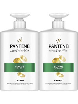 Pantene Pro-V Suave Y Liso Champú 2X1000ml Dispensador, Pelo Encrespado Y Apagado. Limpieza Suave. Protege Enlaces Capilares.