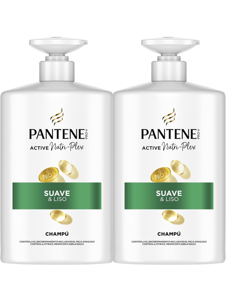 Pantene Pro-V Suave Y Liso Champú 2X1000ml Dispensador, Pelo Encrespado Y Apagado. Limpieza Suave. Protege Enlaces Capilares.