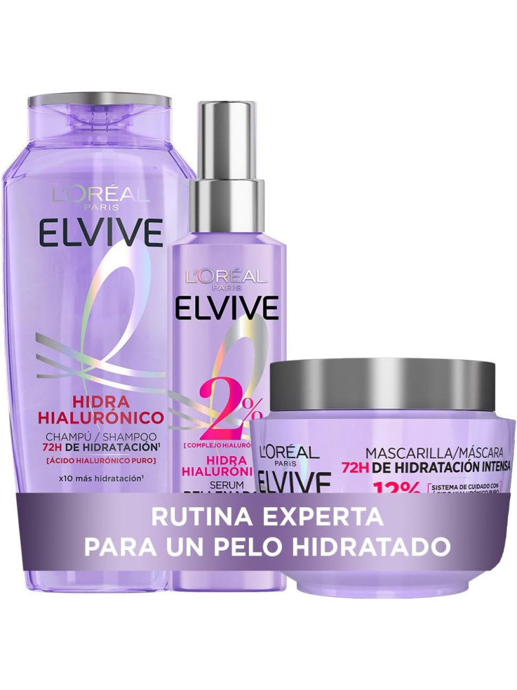 L'Oreal Paris Elvive Hidra Hialurónico Cofre Champú 72h Hidratación y Mascarilla 72h Hidratación Intensiva y Sérum Rellenador