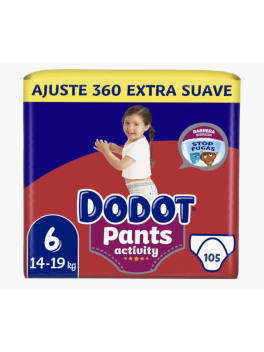 105 Pañales Dodot Activity Pants Pañal-Braguita Talla 6 14kg-19kg, Con Barrera STOP Fugas Que Ayuda A Prevenir Fugas Traseras