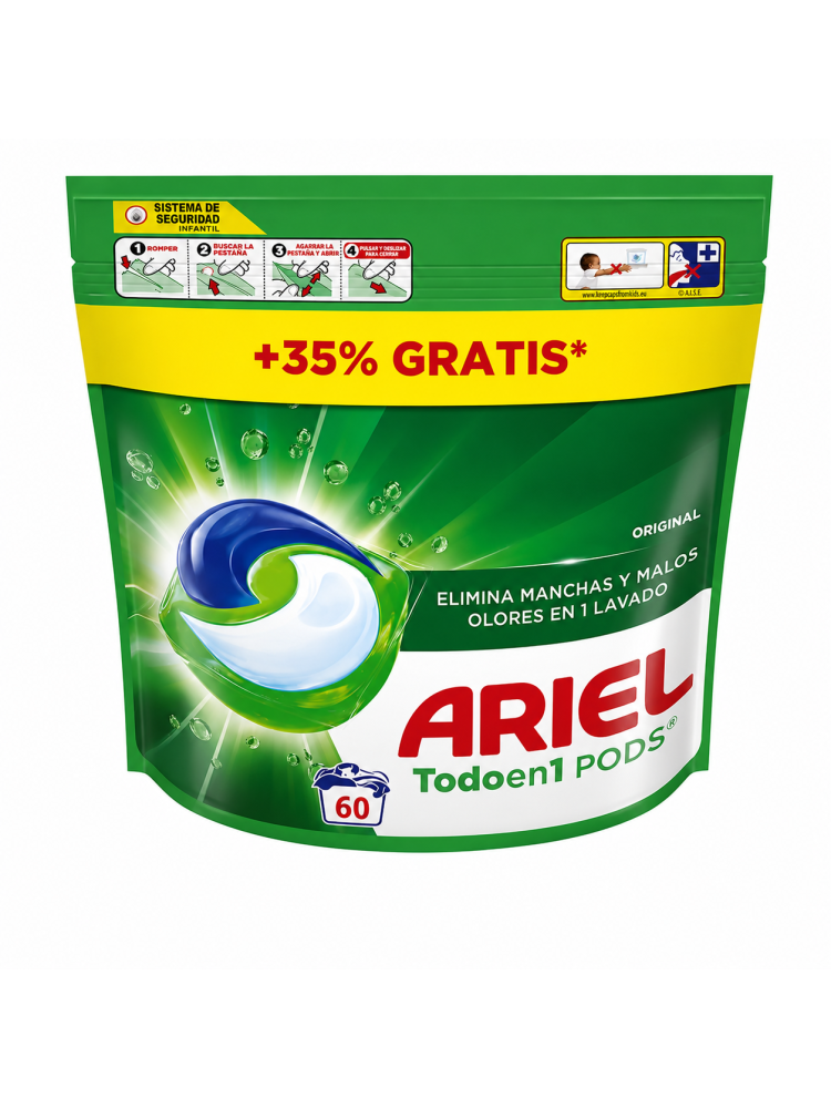 Ariel Todo en 1 PODS Original ( 1x60 )  Cápsulas Lavadora. Elimina Manchas y Olores, Rápida en Frío