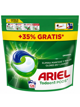 Ariel Todo en 1 PODS Original ( 2x60 ) 120 Cápsulas Lavadora. Elimina Manchas y Olores, Rápida en Frío