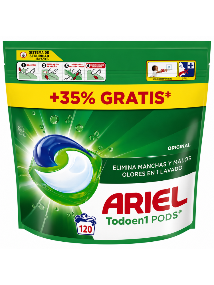 Ariel Todo en 1 PODS Original ( 2x60 ) 120 Cápsulas Lavadora. Elimina Manchas y Olores, Rápida en Frío