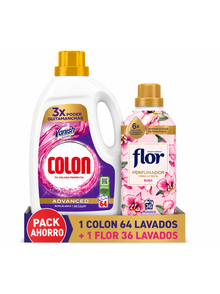 Colon Advanced Detergente Líquido 64 Lavados + Flor Rosa 36 Lavados Gratis, Ropa Blanca y Color, Quitamanchas